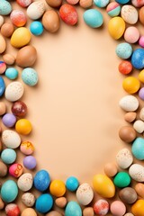Fototapeta na wymiar Tan background with colorful easter eggs round frame texture 