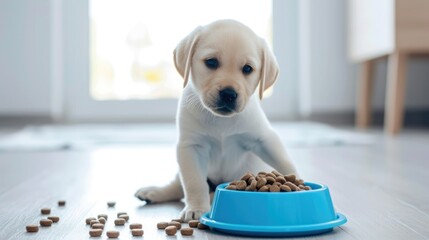 A little puppy gazes thoughtfully at a blue bowl brimming with dog food, scattered on a light wooden floor..