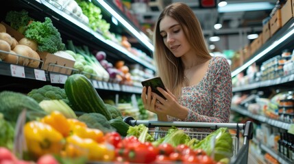 Woman leaning on a shopping cart and holding her smartphone, she is buying fresh vegetables at the grocery store, healthy food concept