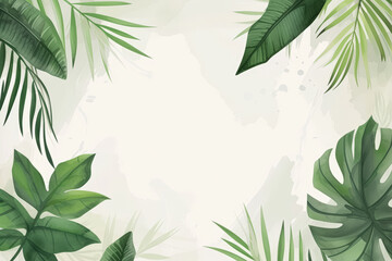 A serene tropical background with lush green leaves of various shapes and sizes framing a soft, watercolor-like white space. - obrazy, fototapety, plakaty