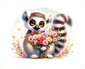Cute lemur with flowers. Watercolor illustration for greeting cards and children's decor, stickers, nursery art. For Birthday, Valentine's Day and Mother’s day cards and invitations. 
