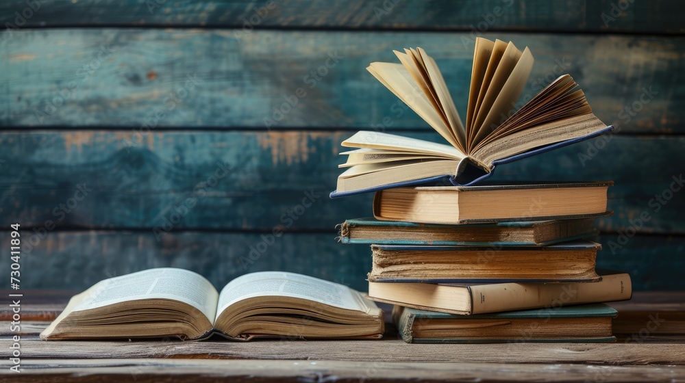 Poster a simple composition of many books, stack or pile of books on wooden table, one of them open with co