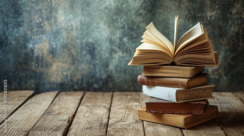 Poster a simple composition of many books, stack or pile of books on wooden table, one of them open with co
