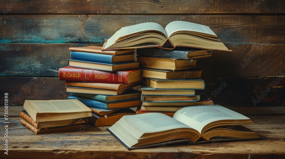 Poster a simple composition of many books, stack or pile of books on wooden table, one of them open with co