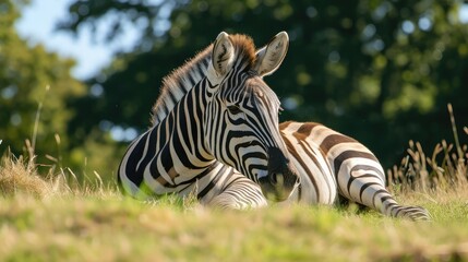 Fototapeta na wymiar Zebra relaxing at Cotswold wildlife Park
