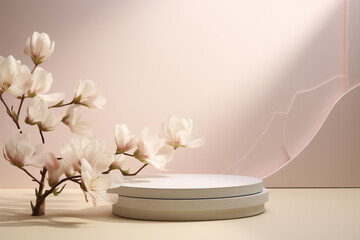 Spring minimalistic product display scene, podiums, magnolia blossom