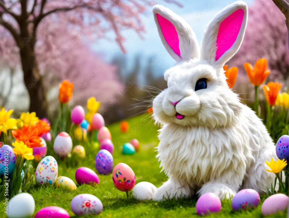 Poster white rabbit sitting in the grass with eggs around it and trees in the background.