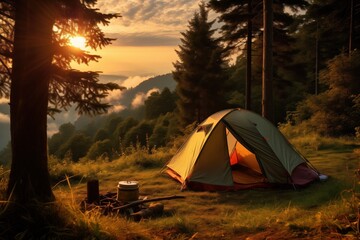 A tranquil camping scene set within a forest clearing, with a tent basking in the warm, golden light of a setting sun that illuminates the surrounding trees and distant misty hills.