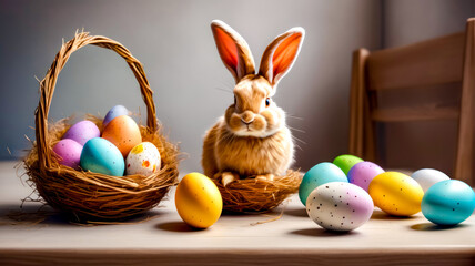 Brown bunny sitting next to basket of eggs on top of table.