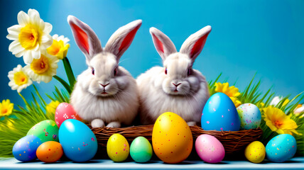 Fototapeta na wymiar Two white rabbits sitting next to each other in basket with easter eggs.