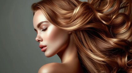 Naklejka premium Beauty girl with long and shiny wavy Hair ,coloring and toning, shatush and balayash . Beautiful woman model with curly hairstyle