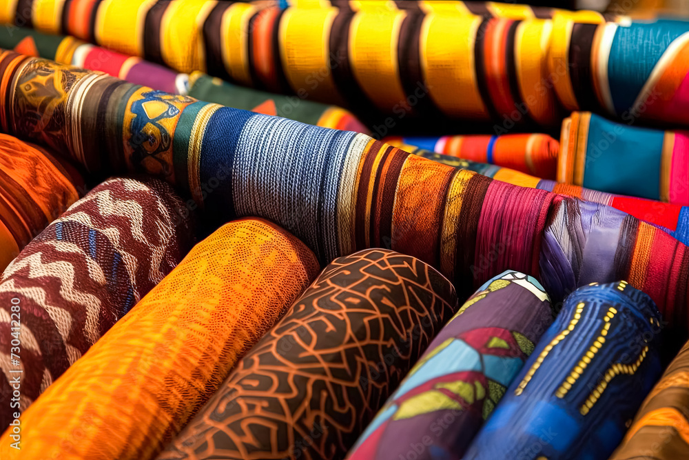 Poster an array of fabric rolls adorned with intricate and colorful african designs