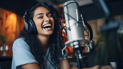 Cheerful young woman recording podcast in studio with copy space. Confident latin woman with headphones and microphone recording a podcast at home. Happy mexican girl talking on web radio. - obrazy, fototapety, plakaty