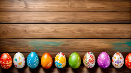 Row of painted eggs sitting on top of wooden table next to wooden wall.