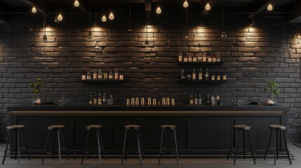 Creative black brick pub or bar interior with copy space on wall