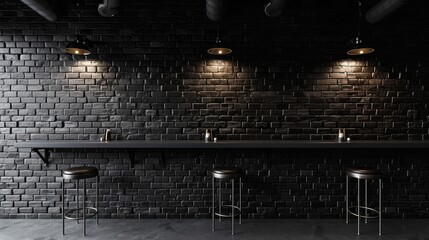 Creative black brick pub or bar interior with copy space on wall - obrazy, fototapety, plakaty