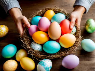 Fototapeta na wymiar Person holding basket filled with colored eggs on top of wooden table.