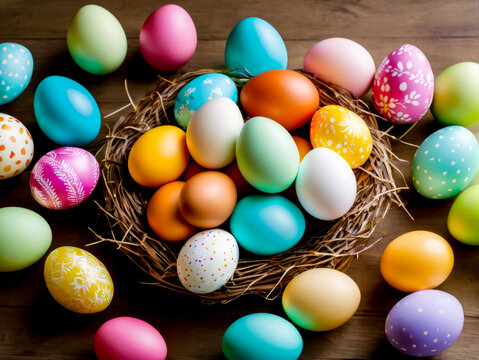 Bird nest filled with colorful eggs on top of wooden table next to other eggs.
