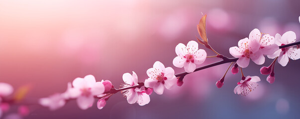 Pink spring blossom, panoramic view, floral card design, generated by AI 