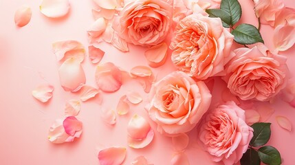 Pink hybrid tea rose petals collected on a pink background, a beautiful addition to flower arrangements and bouquets