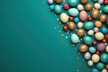 Teal background with colorful easter eggs round frame texture
