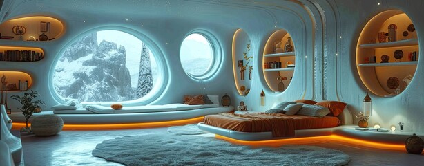 Fototapeta premium Futuristic-looking bedroom in turquoise-blue neon tones, storybook style