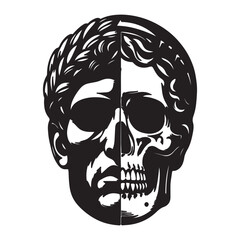 Head half made of male skull and statue ancient art black silhouette on transparent background for stencil, t-shirt print, vector drawing.