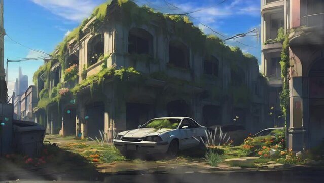  abandoned city street alleys, broken cars, abandoned buildings, seamless looping 4K virtual video animation background