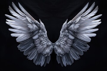 Angel wings isolated on the black background, fantasy feather wings for fashion design, cosplay and dress up party