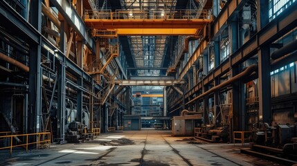 The interior of a big industrial building or factory with steel constructions - obrazy, fototapety, plakaty