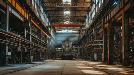 Obraz premium The interior of a big industrial building or factory with steel constructions