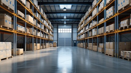 warehouse interior with shelves, pallets and boxes