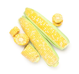 Fresh corn cobs on white background