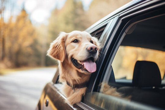 Friendly retriever enjoys the ride in a car's trunk