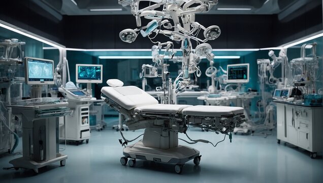 A futuristic operating room, filled with decomposed tools