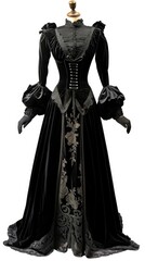 A black dress on a mannequin stand, victorian dress design on white background.