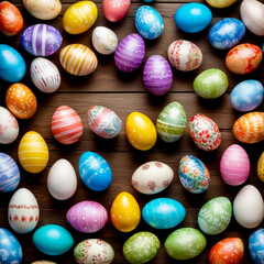 Fototapeta na wymiar Group of colorfully painted eggs on wooden table with brown background.