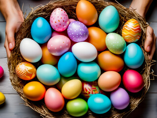 Fototapeta na wymiar Basket filled with lots of colorful easter eggs on top of table.