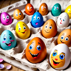 Carton filled with lots of colorful eggs with faces painted on them.