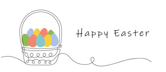 Fototapeta premium Wicker basket with colorful Easter eggs and Happy Easter greeting. Continuous one line drawing. Isolated on a white background. Minimalist style. Greeting cards, holiday banner.