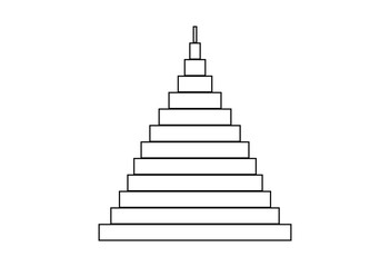 Black step pyramid on white background. Pyramid consisting of horizontal rectangles. Black outline. Triangle. Simple geometric design. Logo, icon, pictogram. Vector on a white background