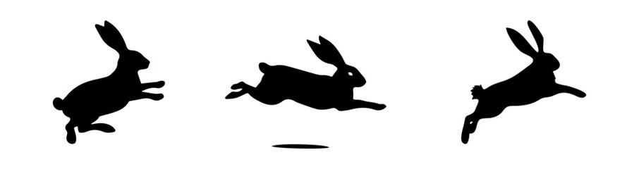 Set of Jumping Rabbit silhouettes. Easter bunnies. Isolated on a white backdrop. A simple black icons of hares. Cute animals. Ideal for logo, emblem, pictogram, print, design element for greeting © Jafree