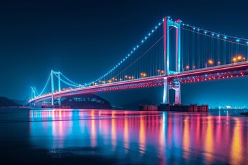 A night view of a suspension bridge illuminated with colorful lights
