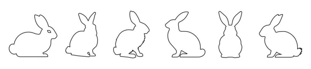 Collection of rabbits in outline. Easter bunnies. Isolated on a white background. A simple black icons of hares. Cute animals. Perfect for logo, emblem, pictogram, print, design element for greeting - obrazy, fototapety, plakaty