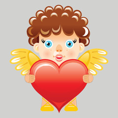 angel with heart.Vector cute baby cupid on a cloud holds a heart. 