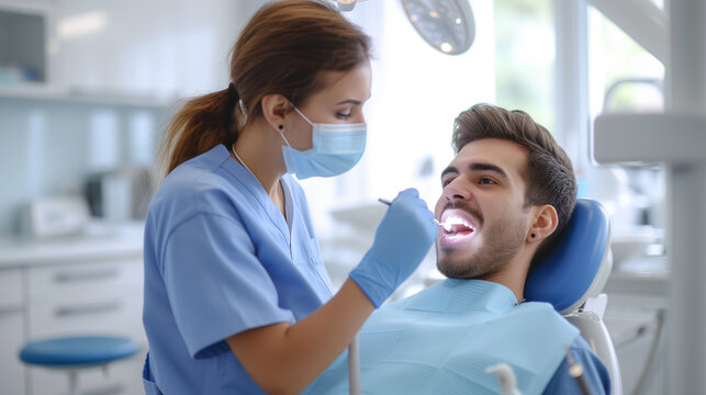 A man in a dentist's chair undergoing a medical procedure.