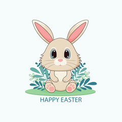 Happy Easter greeting card with a cute cartoon bunny. Vector illustration