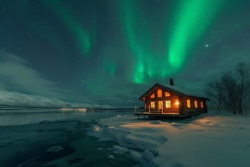 A rustic wooden cabin beside a frozen lake under the northern lights