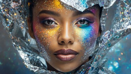 rosto mulher modelo glitter maquiagem colorida cercada por papel alumínio, conceito - obrazy, fototapety, plakaty