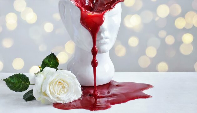 manequim quebrado com sangue escorrendo e flores, conceito terror